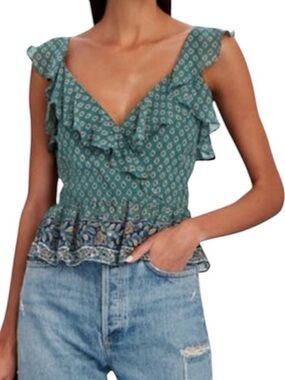 Veronica Beard Randa Paisley Ruffle Trim Peplum Top size 8
